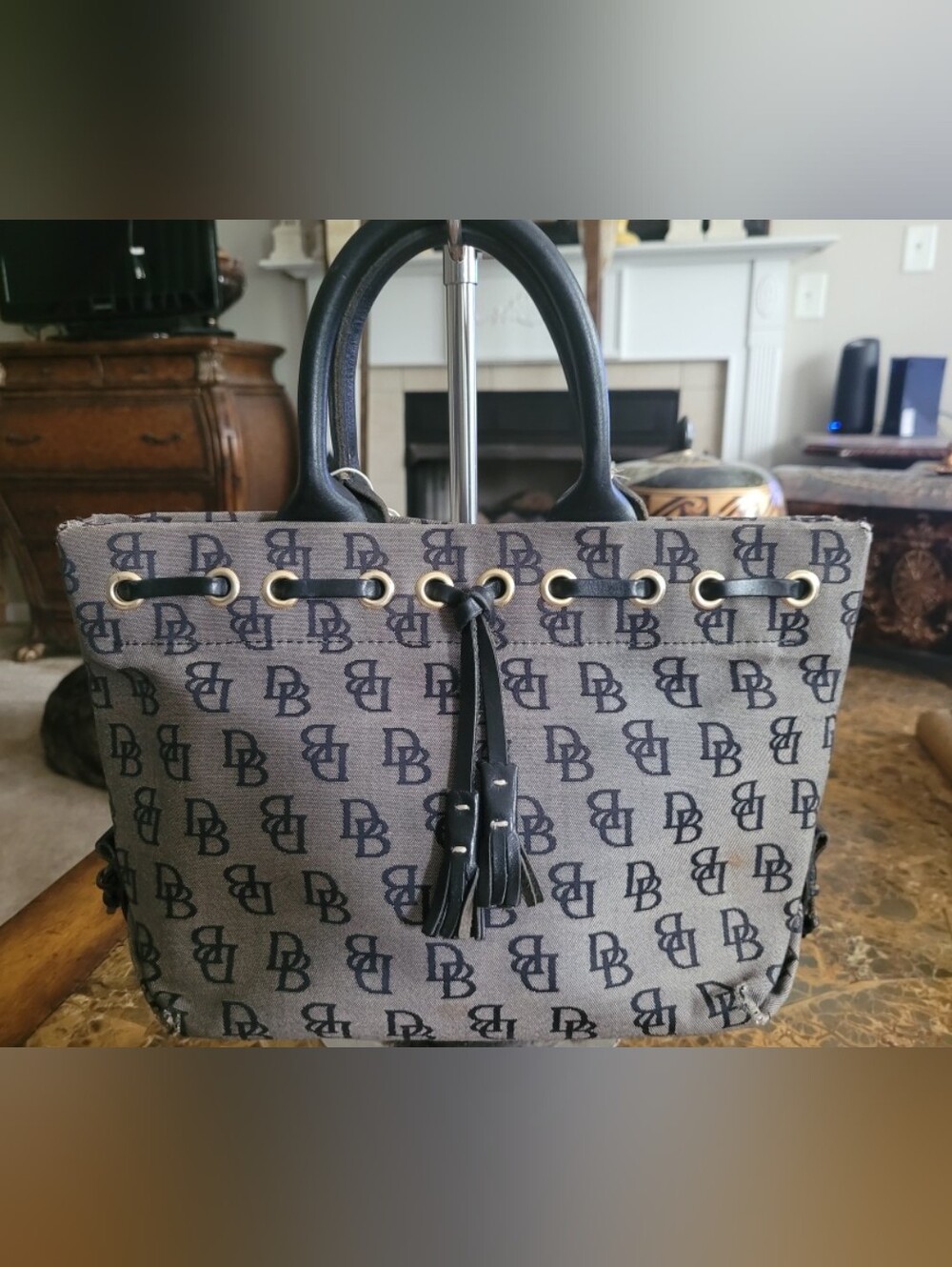 Dooney & Bourke Navy and Beige Signature Canvas Tote with Tassel